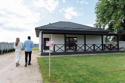 A couple walks towards their newly purchased home; a sign indicates the house is sold.
