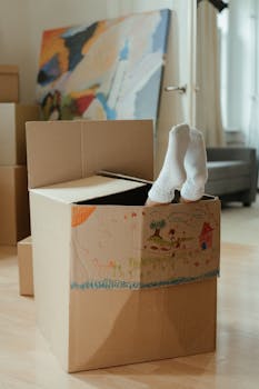Stack of cardboard boxes by a white wooden door