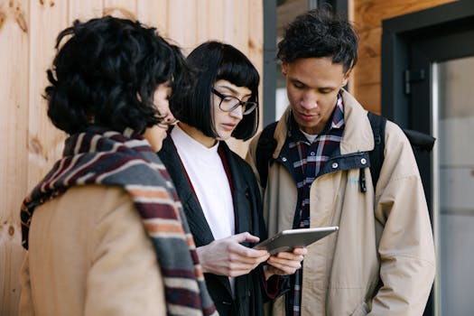 A group of young professionals collaborating over a tablet for real estate planning, considering Canadian Rent Own Listings with No Credit Check.