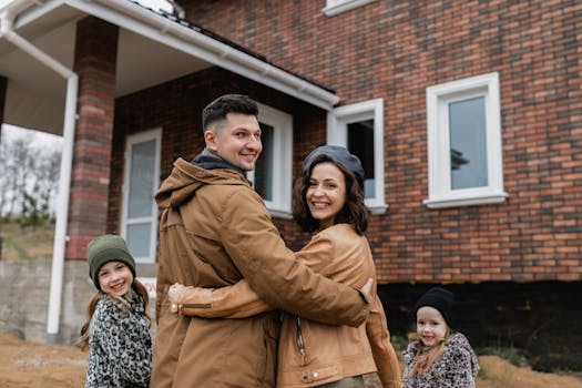 A realtor converses with a couple in a modern apartment courtyard.