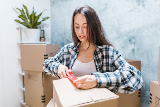 Woman sealing boxes with tape for relocation in a cozy indoor setting