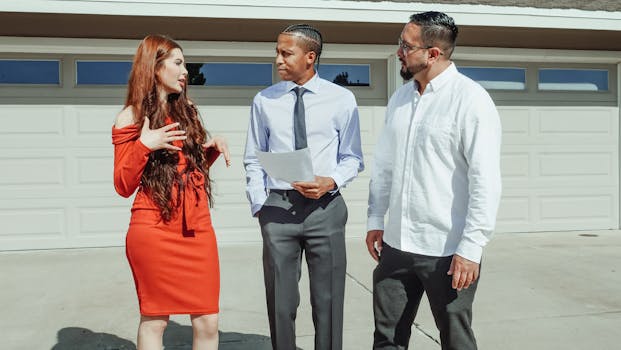 Real estate agent greeting a couple at a residential gate, symbolizing property purchase.