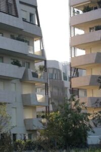 contemporary residential buildings with balconies in Milan, Italy